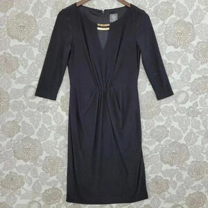Vince Camuto Black Knee-Length Dress With Gold Neck Detail & 3/4 Sleeves Size 6